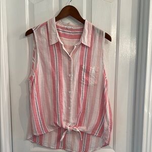 Beachlunchlounge Pink and White Sleeveless Front Button Top with Tie Front